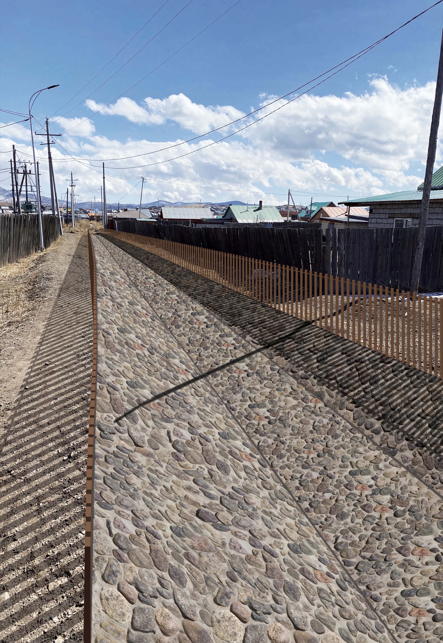 landscape render of the Erdenet climate adaptation water channels and basins
